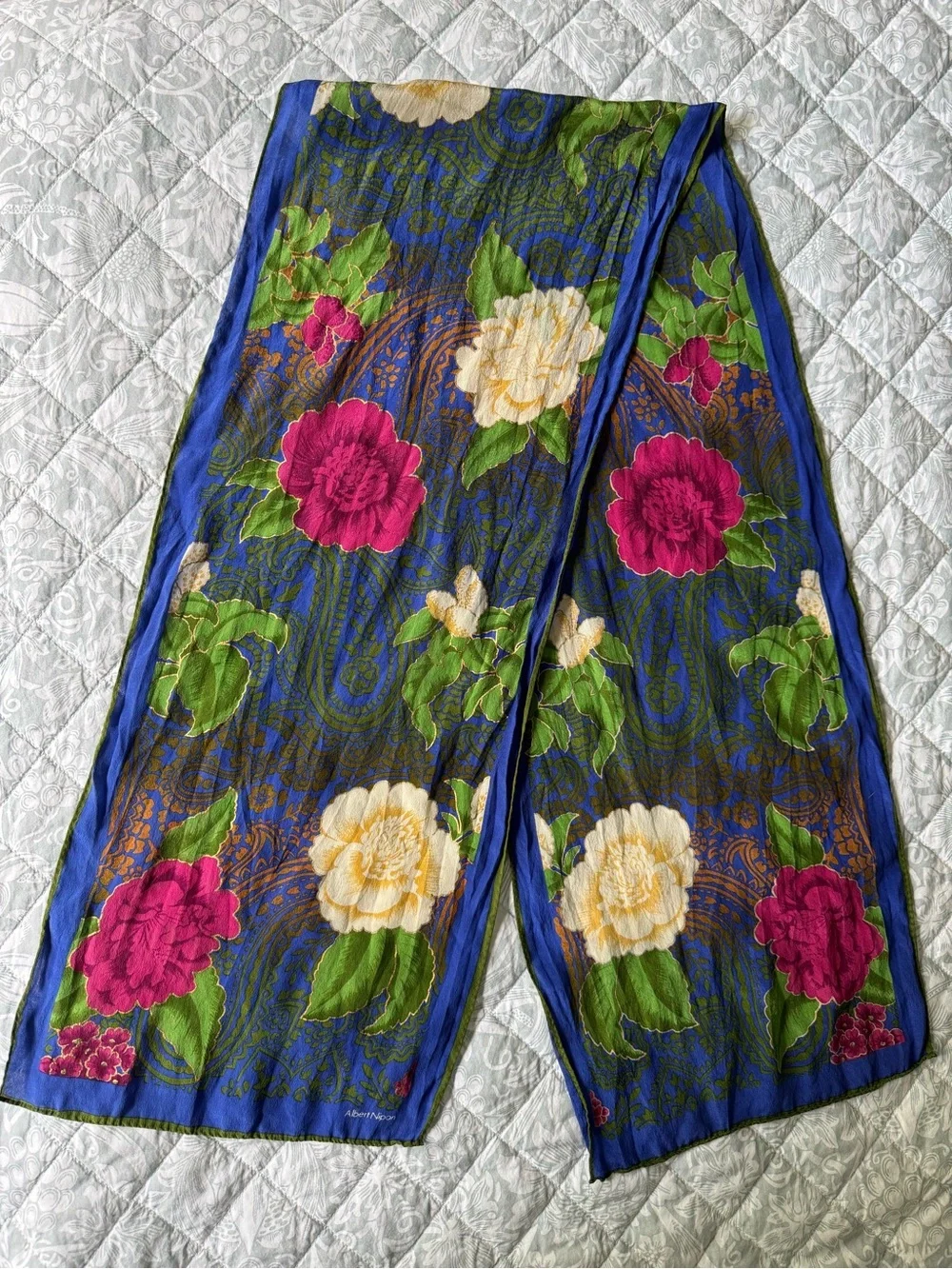 Vintage Albert Nipon Blue Floral Silk Scarf with Pink and Green Accents